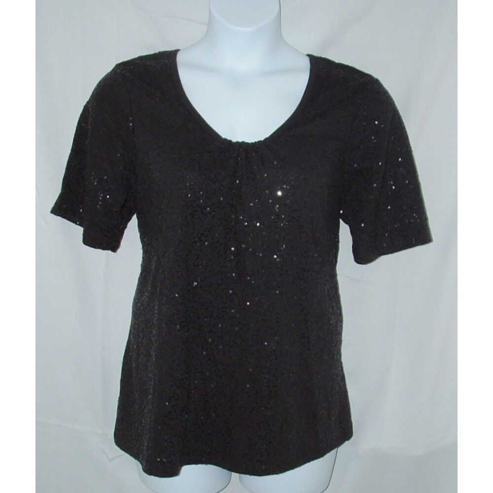 AVENUE Sparkly Black Sequined Plus Sz 22/24 Casual or Dress Short Sleeve Shirt